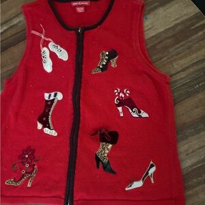 Festive Red Vest with Shoe Designs Christmas vest